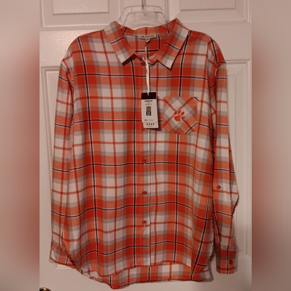 Womens Clemson Tigers UG Apparel Orange Boyfriend Plaid Shirt Size Medium